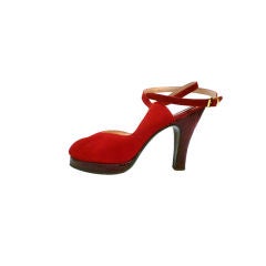 40s Spectacular Red Suede and Snake Platforms w/ Ankle Straps