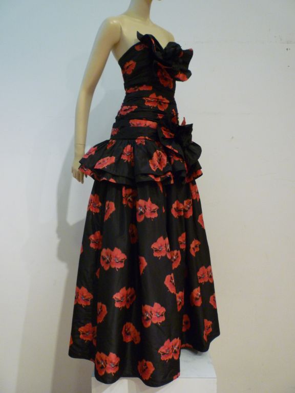 Black Nina Ricci 70s Floral Silk Strapless Gown w/ Gorgeous Ruffles