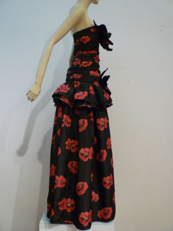 Women's Nina Ricci 70s Floral Silk Strapless Gown w/ Gorgeous Ruffles