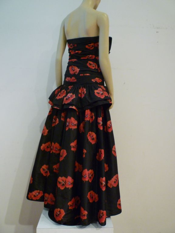 Nina Ricci 70s Floral Silk Strapless Gown w/ Gorgeous Ruffles 1