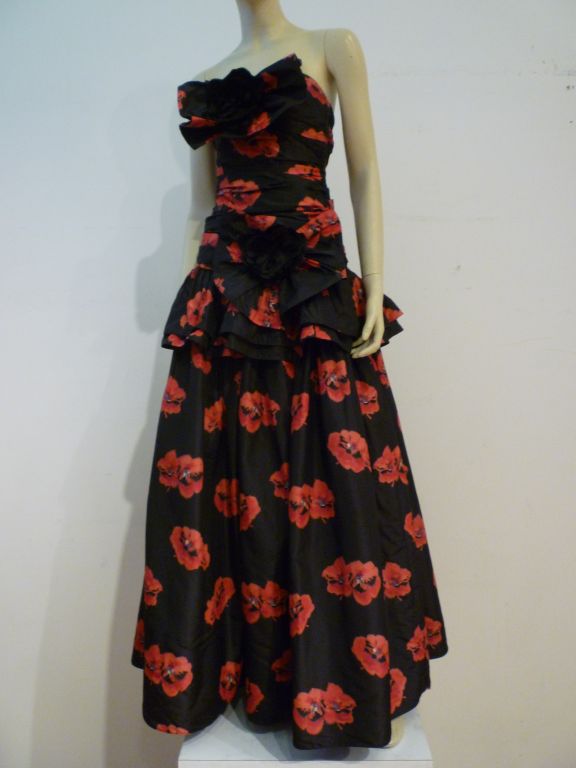 Nina Ricci 70s Floral Silk Strapless Gown w/ Gorgeous Ruffles 4