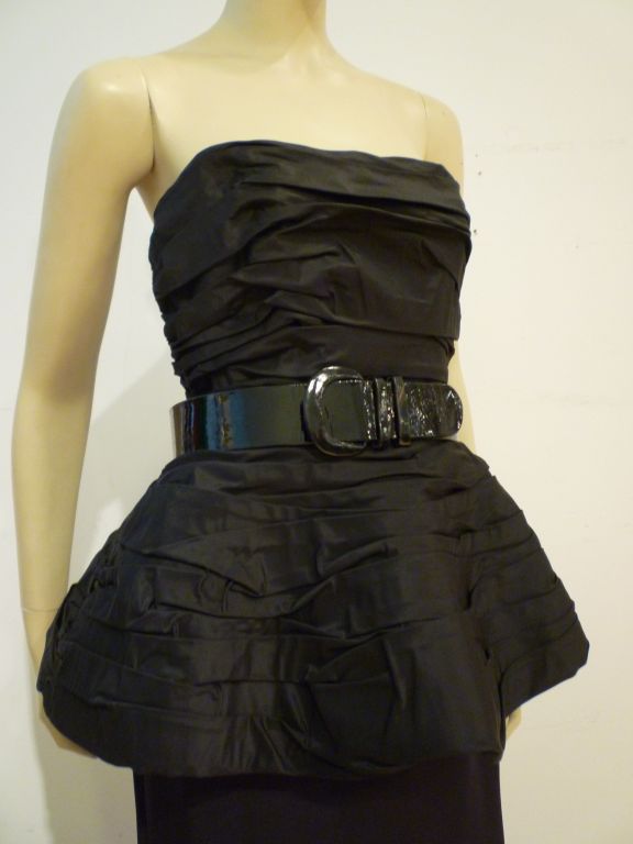 Bill Blass 80s Belted Strapless Gown w/ Ruched Bodice, Peplum