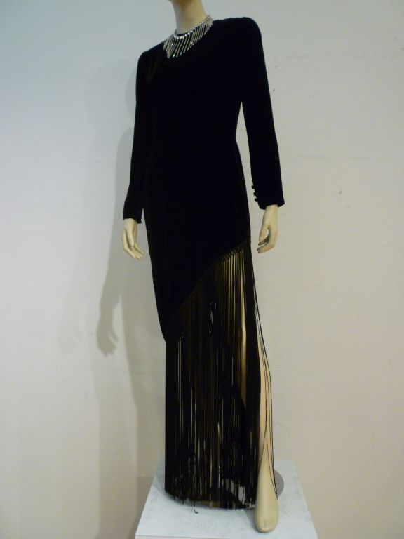 Bill Blass 70s Dramatic  Velvet and Fringe Gown 4