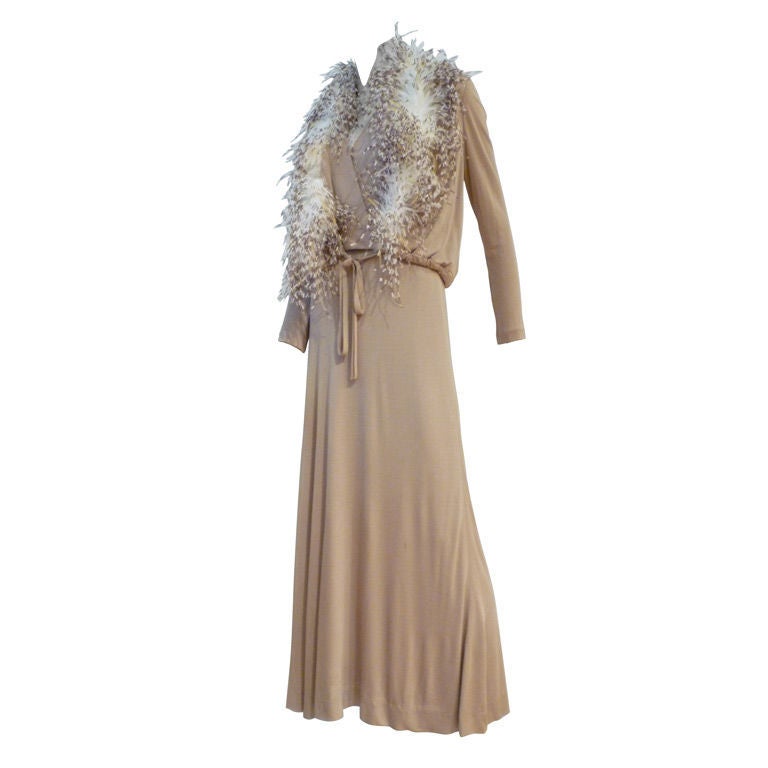 Mollie Parnis 70s Silk Jersey 2-Piece Halter & Jacket w/ Maribou