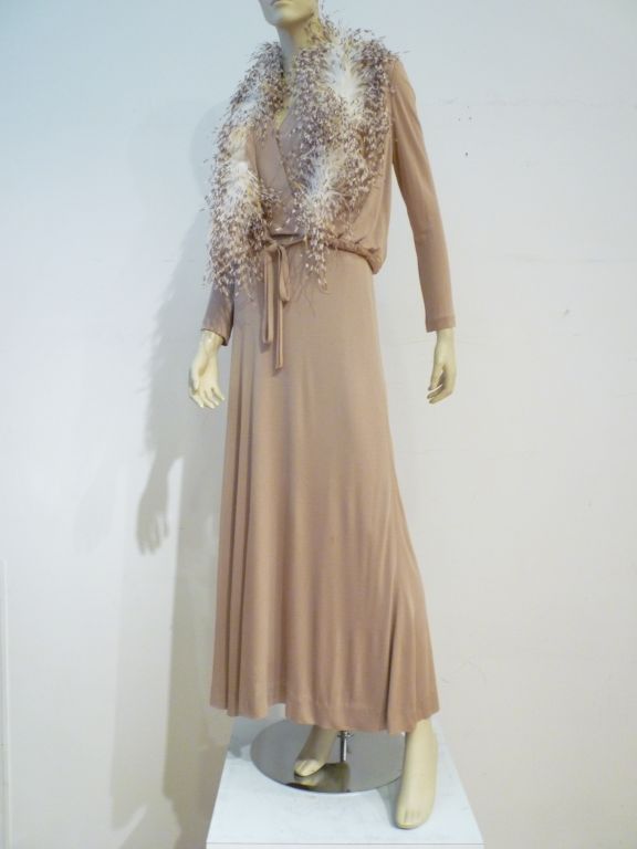 Mollie Parnis 70s Silk Jersey 2-Piece Halter & Jacket w/ Maribou 5