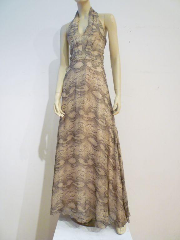 70s Snake Print Chiffon Halter Gown 2