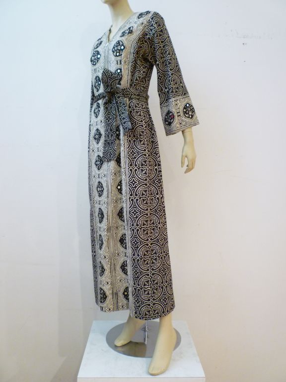 I. Magnin Cotton Caftan w/ Embroidered Mirror Embellishment