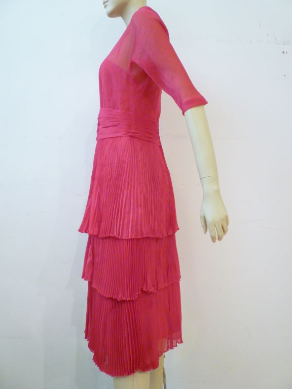 Pink Worth 50s Shimmery Fuschia Cocktail Dress w/ Lavish Pleating