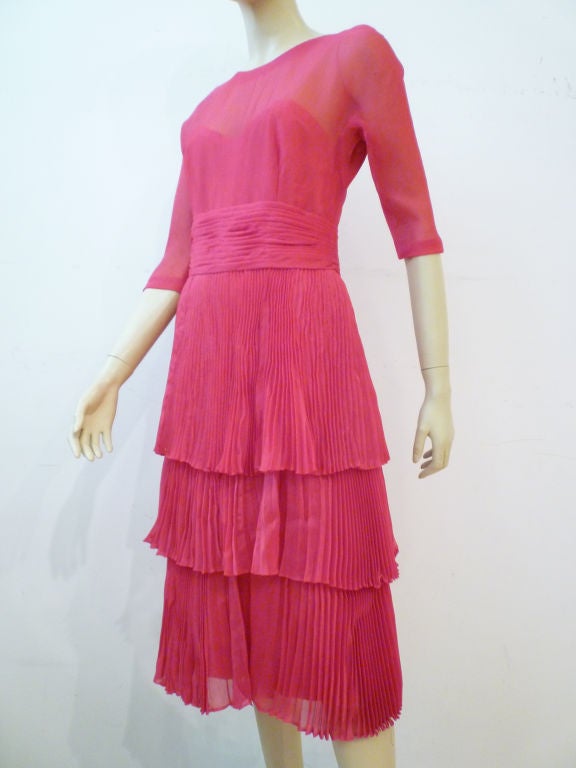 Worth 50s Shimmery Fuschia Cocktail Dress w/ Lavish Pleating 3