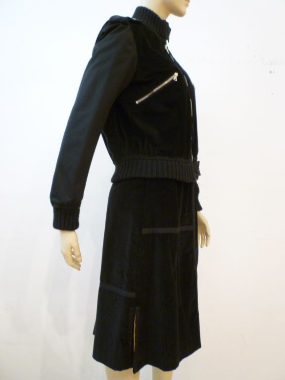 A smart late 70s Courreges 2-piece jacket and skirt ensemble in cotton and acrylic corduroy with zippers and epaulets embellishments!  Marked a Courreges 