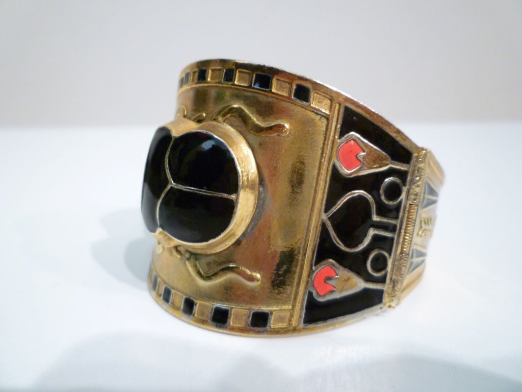 Egyptian Revival Brass and Enamel Scarab Cuff 1