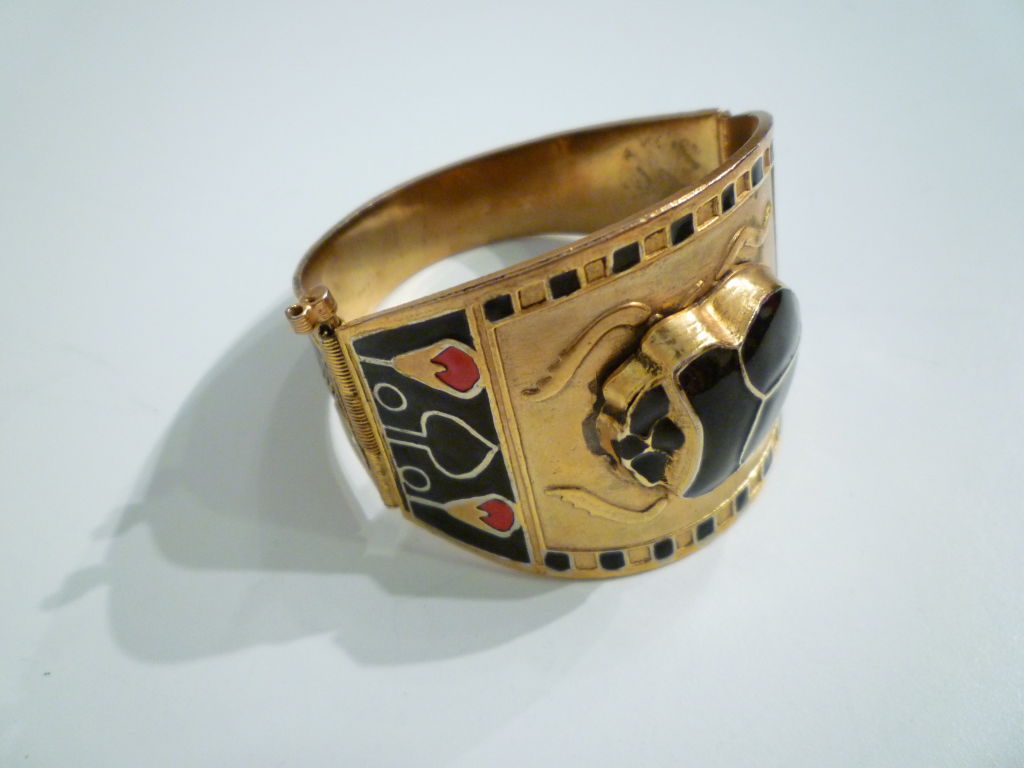 Egyptian Revival Brass and Enamel Scarab Cuff 2