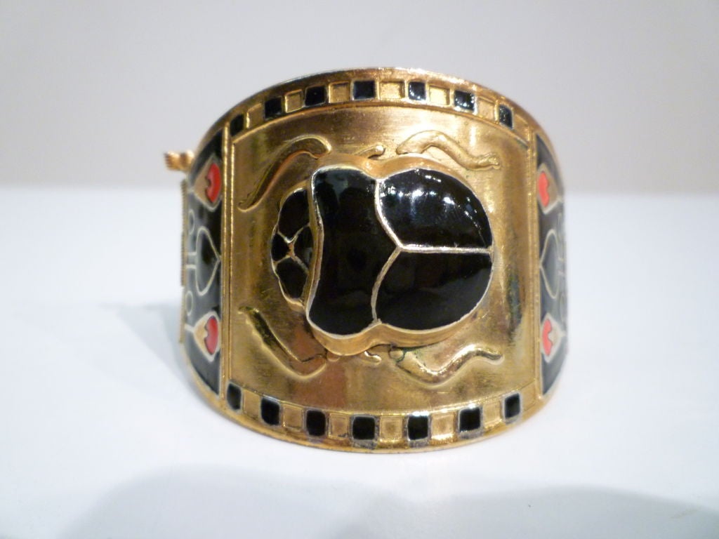 Egyptian Revival Brass and Enamel Scarab Cuff 4