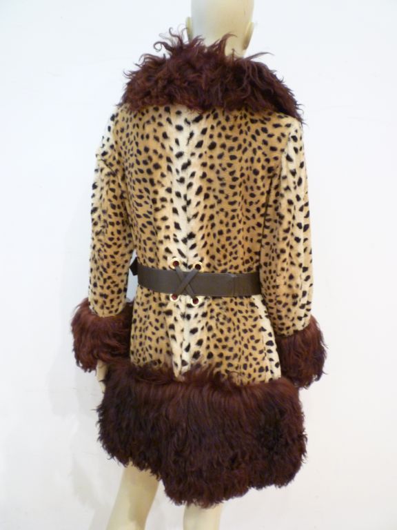 Women's Mod Lilli Ann 60s Faux Leopard Coat with Mongolian Lamb Trim