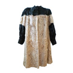 40s Color-Blocked Broadtail Curly Lamb Coat in Black and Beige