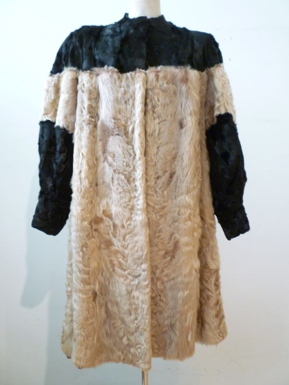 Women's 40s Color-Blocked Broadtail Curly Lamb Coat in Black and Beige