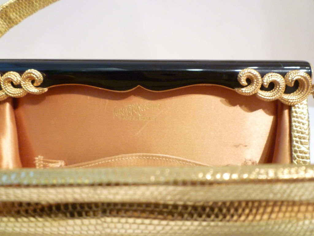 50s Saks Fifth Avenue French Gold Lizard  Bag w/ Enameled Frame 1