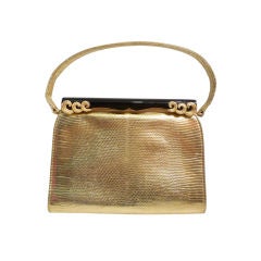 Vintage 50s Saks Fifth Avenue French Gold Lizard  Bag w/ Enameled Frame