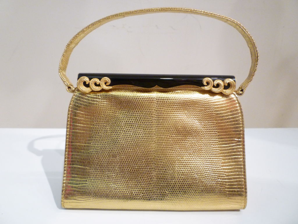 50s Saks Fifth Avenue French Gold Lizard  Bag w/ Enameled Frame 2