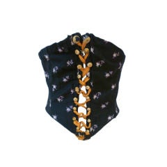 1880s Silk Corset in Black w/ Purple Floral Pattern and Lacing 3
