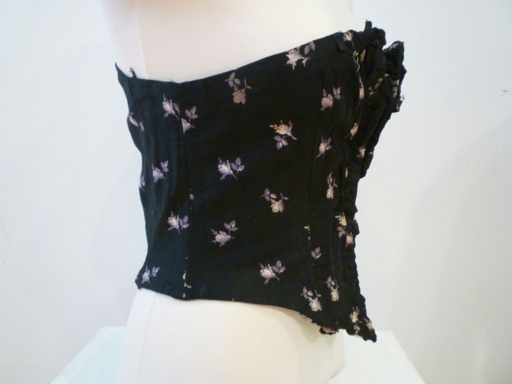 Women's 1880s Silk Corset in Black w/ Purple Floral Pattern and Lacing