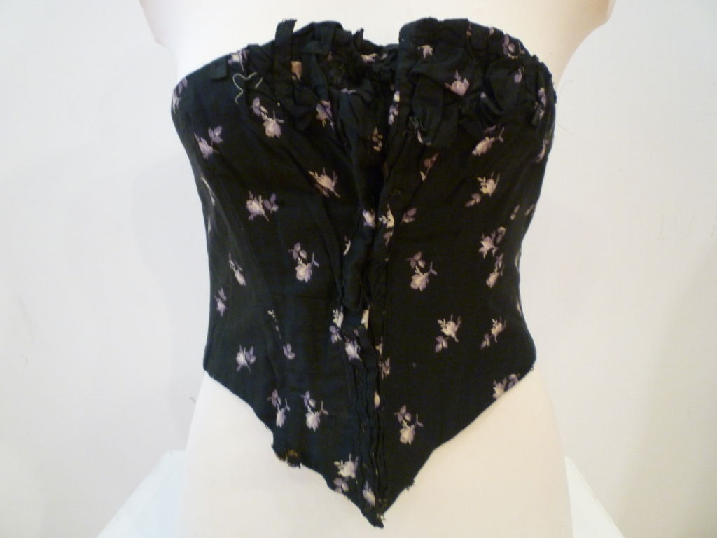 1880s Silk Corset in Black w/ Purple Floral Pattern and Lacing 1