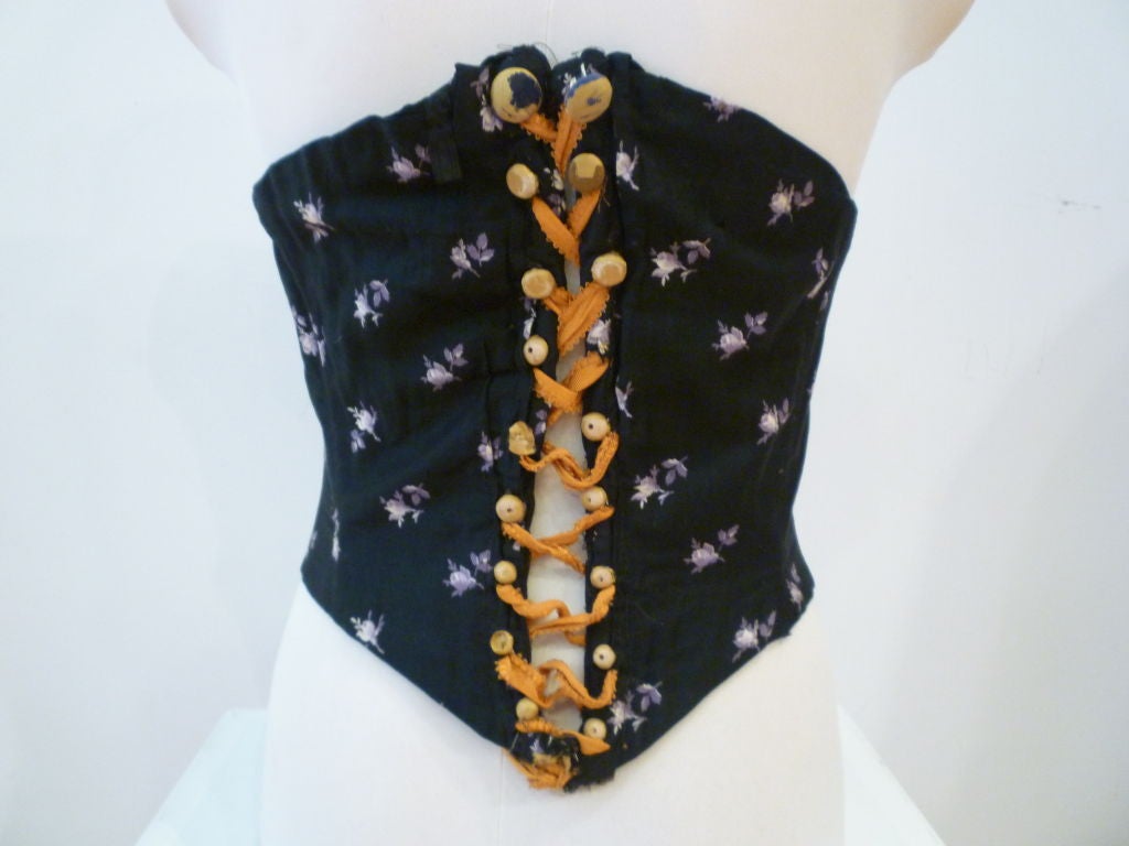 1880s Silk Corset in Black w/ Purple Floral Pattern and Lacing 3