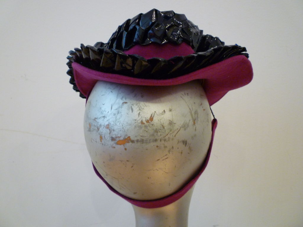 Women's 40s Fuchsia Felt Tilt Hat w/ Midnight Blue  Cellophane Trim