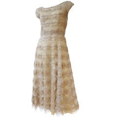 50s Taupe  Ribbon Crochet Silk Dress