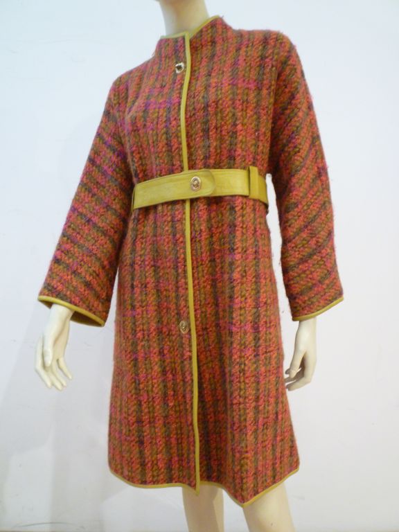 Women's A Bonnie Cashin Tweed 60s Wool Coat w/ Leather Binding and Belt