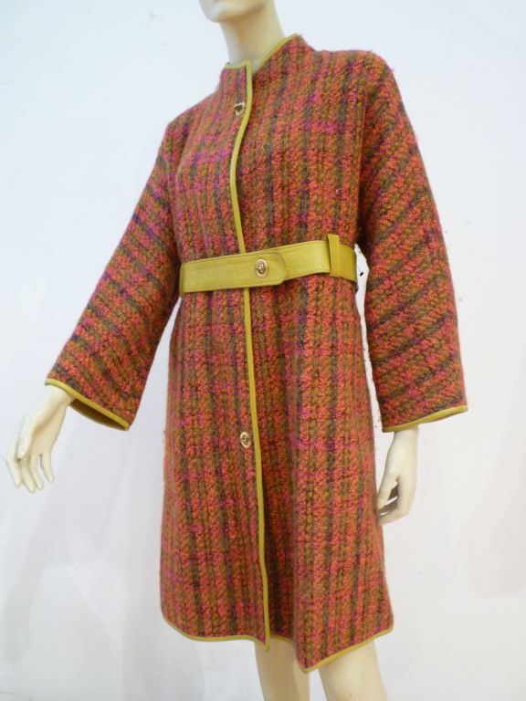 A Bonnie Cashin Tweed 60s Wool Coat w/ Leather Binding and Belt 3