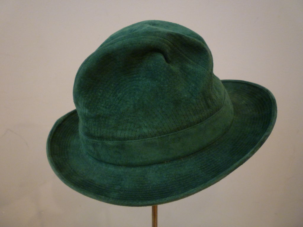 70s Gucci Green Trapunto Stitched Suede Hat w/ Toggle