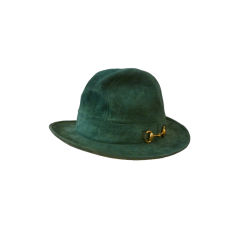 Vintage 70s Gucci Green Trapunto Stitched Suede Hat w/ Toggle