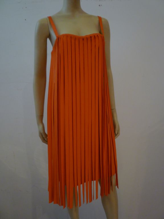 1960s Orange Crepe Mod Car Wash Fringed Dress 2
