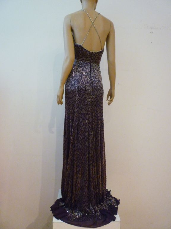 A Ralph Lauren Purple Label runway piece, made to order, lavishly beaded gown in purple and silver iridescent bugle beads on purple silk.  Spaghetti straps and a generous train add the perfect touches to this ultra sophisticated slinky beaded gown! 
