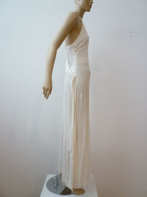 Chanel Diaphanous White Sequin Halter Gown w/ High Slit at 1stdibs