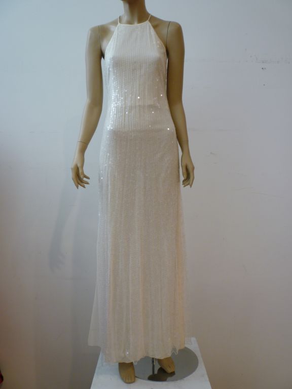 Chanel Diaphanous White Sequin Halter Gown w/ High Slit 4