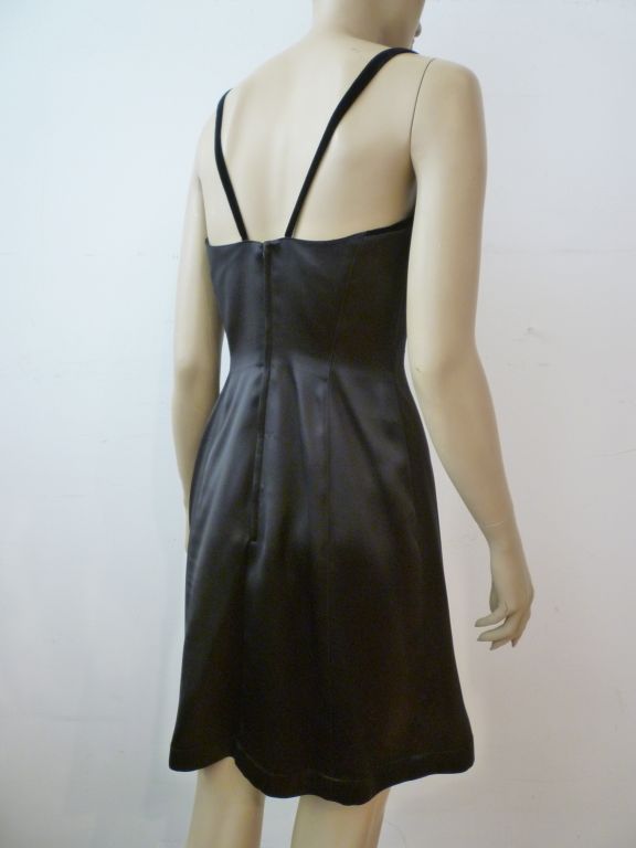Women's Thierry Mugler Black Satin Mini 80s Dress with Velvet Trim