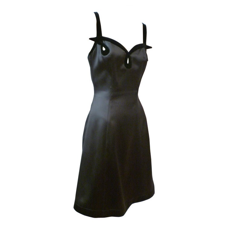 Thierry Mugler Black Satin Mini 80s Dress with Velvet Trim
