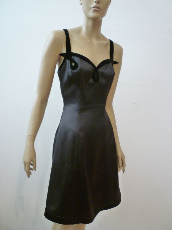 Thierry Mugler Black Satin Mini 80s Dress with Velvet Trim 3