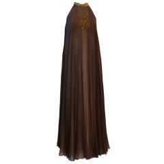 Vintage Sarmi 60s Mocha Chiffon Empire Gown w/ Beautiful Beading