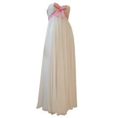 Sarmi for I. Magnin 60s White Empire Chiffon Gown w/ Pink Bow