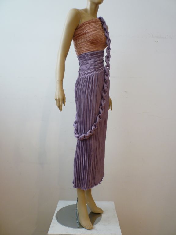 Mary McFadden 70s wonderful one-shoulder Fortuny-style pleated silk dress with asymmetrical dropped waist and matching chain fabric shoulder drape.  Sexy!