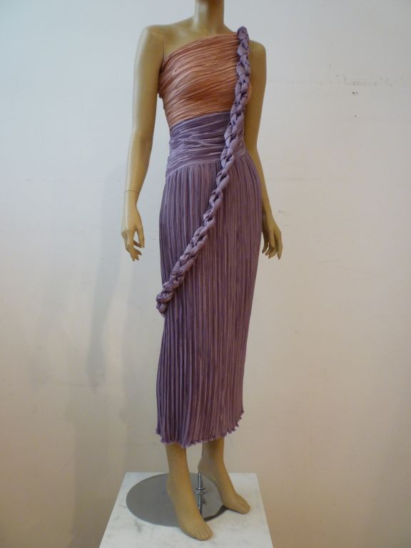 Women's Mary McFadden 70s Pleated Peach & Lilac Silk One-Shoulder Gown