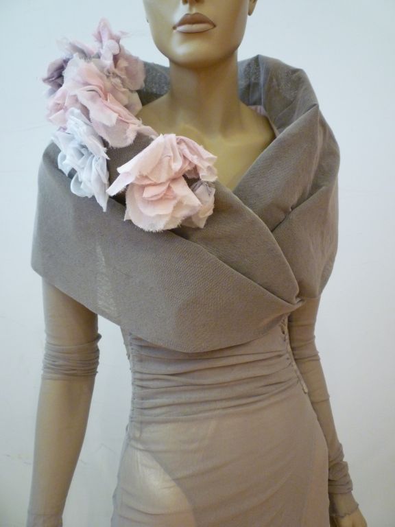 Dolce & Gabbana 90s Grey Tulle Gown w/ Shawl Collar & Flowers 1