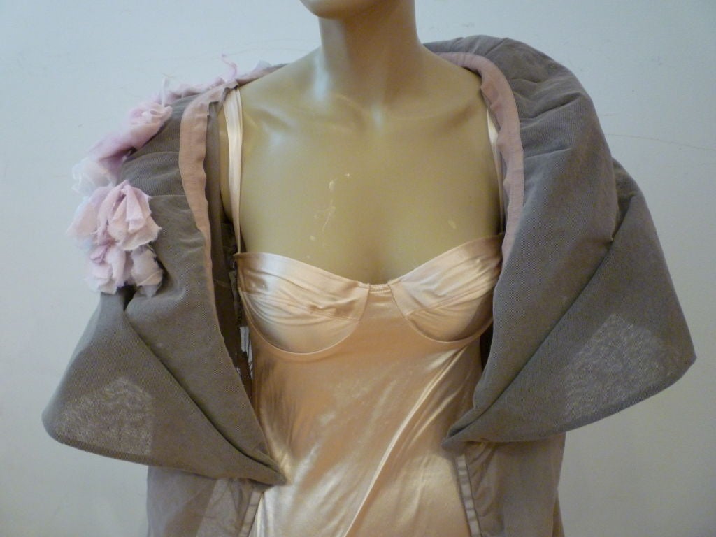 Dolce & Gabbana 90s Grey Tulle Gown w/ Shawl Collar & Flowers 2