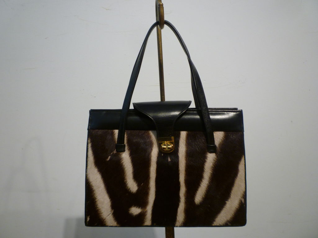 Black 60s Zebra Hide and Leather Handbag