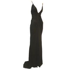 Roberto Cavalli Black Silk Ruched Goddess Gown w/ Metal Accents