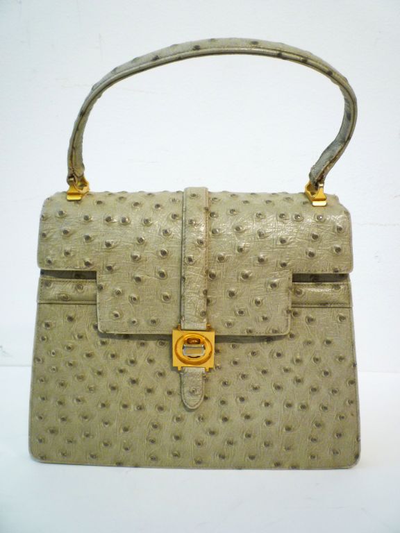 Nettie Rosenstein Beige Ostrich 60s Accordion Handbag 1