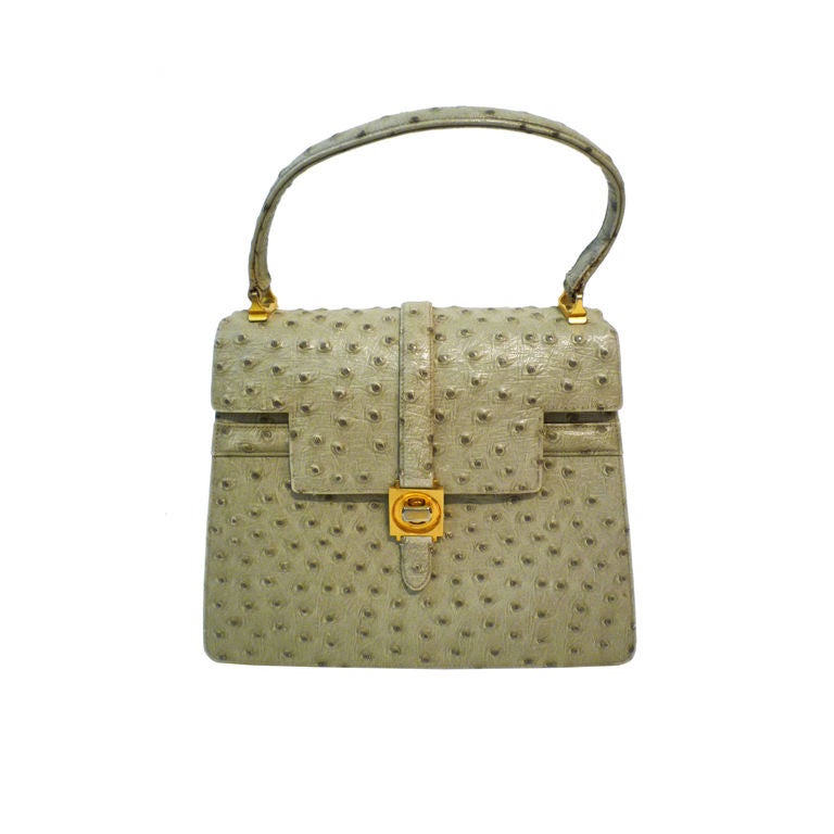 Nettie Rosenstein Beige Ostrich 60s Accordion Handbag